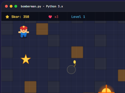 Game Bomberman 2D ini dapat dibuat menggunakan Python dan Pygame oleh siswa level intermediate di Aruna Coding.